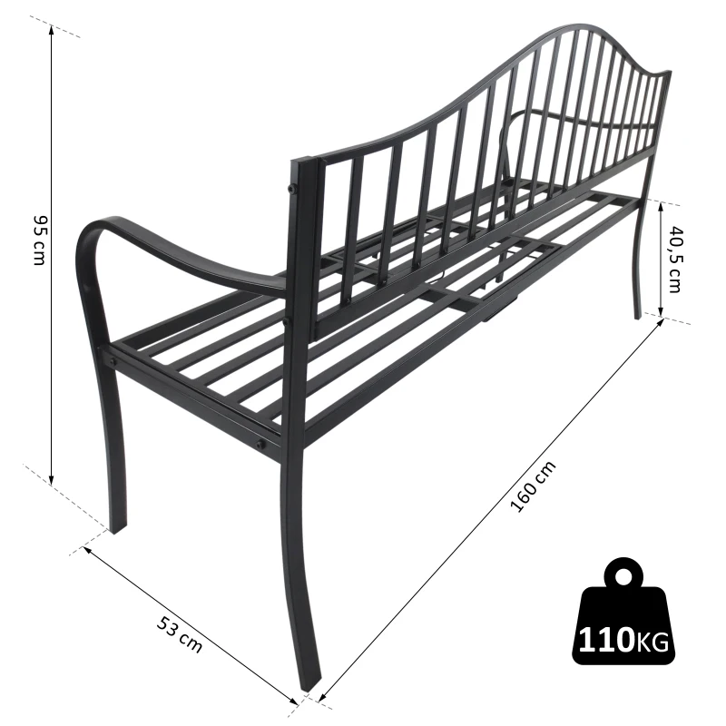 Ławka ogrodowa parkowa z podłokietnikami ze składanym stolikiem 2-osobowa czarna 160 x 53 x 95 cm Outsunny