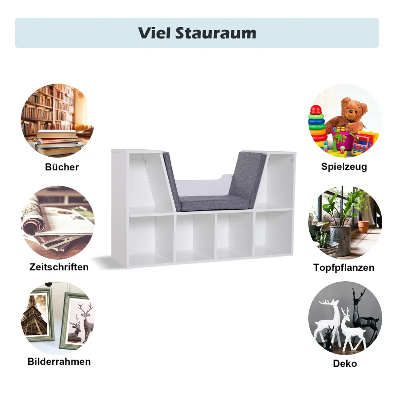 HOMCOM® REGAŁ STOJĄCY NA KSIĄŻKI Z PODUSZKAMI SIEDZENIA I ŁAWKĄ drewno len biały 102 x 30 x 61cm