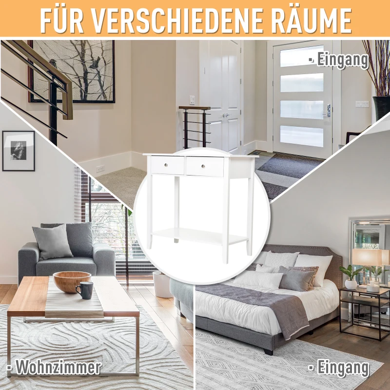 Homcom® Stolik Konsola z 2 Szufladami Kredens Przedpokój Lite Drewno Biały