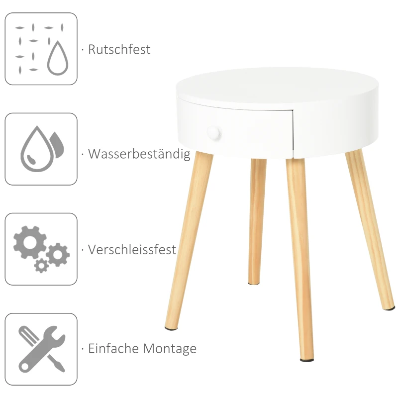 Szafka nocna okrągły stolik z szufladą nogami design skandynawski kolor biały