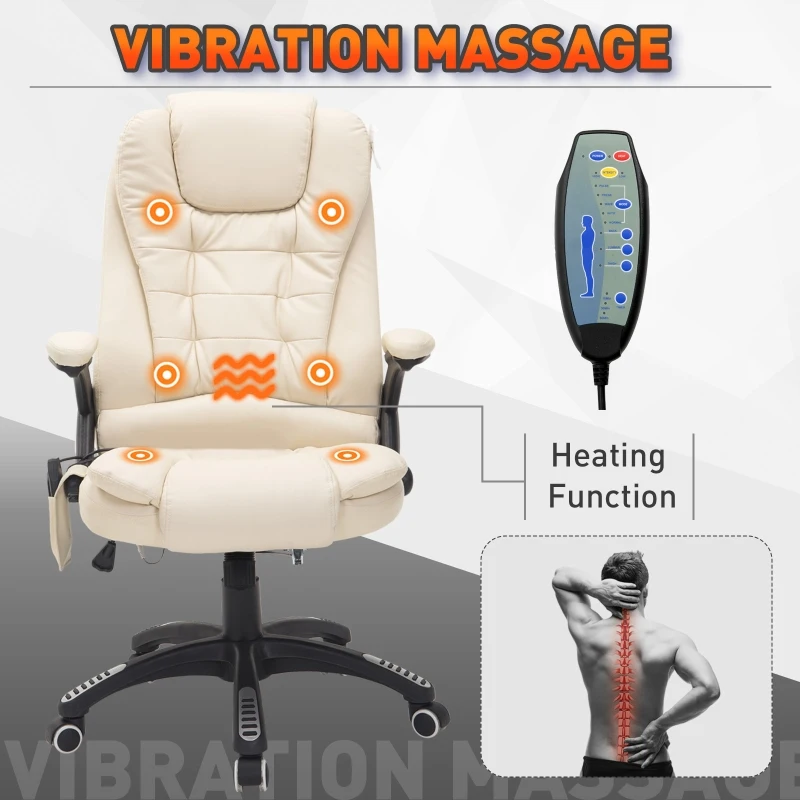 HOMCOM PU Leather Office W/Massage Function, High Back-Cream