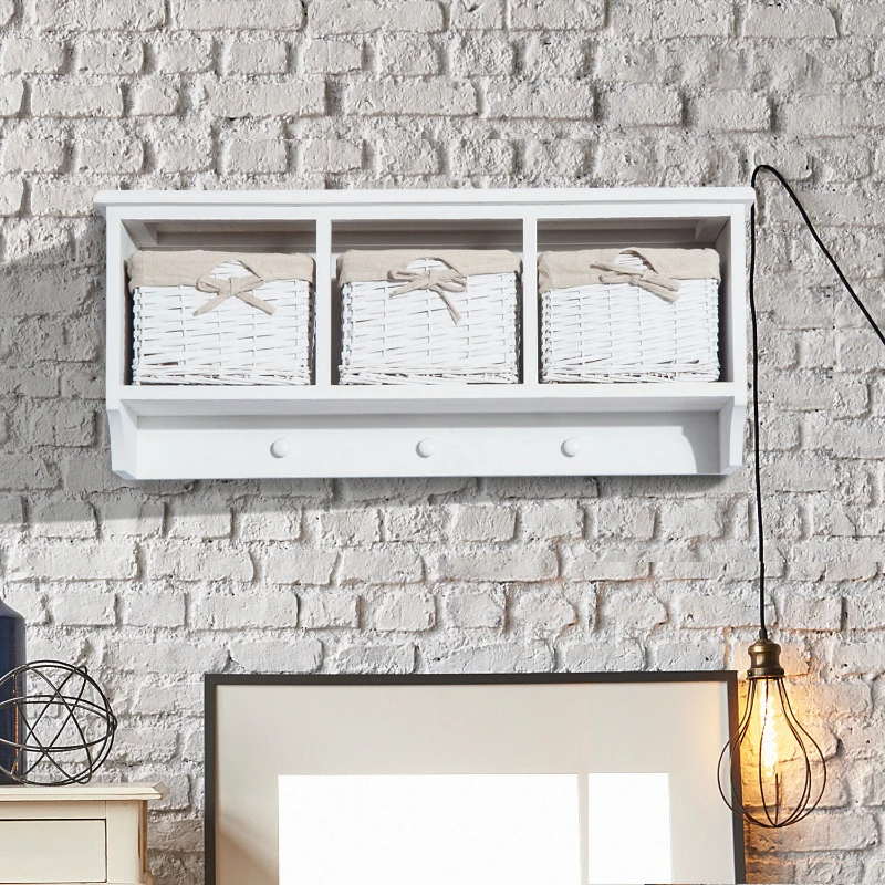 HOMCOM Wall Mounted Coat Hook Storage Unit W/3 Baskets-White