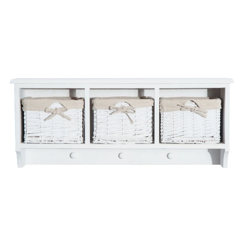 HOMCOM Wall Mounted Coat Hook Storage Unit W/3 Baskets-White