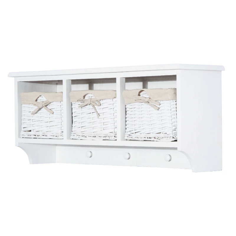 HOMCOM Wall Mounted Coat Hook Storage Unit W/3 Baskets-White