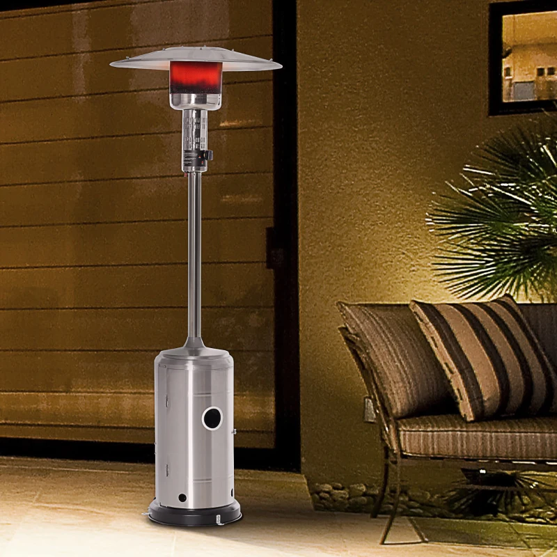 Outsunny warmtestraler terrasverwarmer met kantelbeveiliging automatische veiligheidsuitschakeling terrasverwarmer met wielen oprolbaar gas 13,5kW RVS zilver Ø81,5 x 225 cm