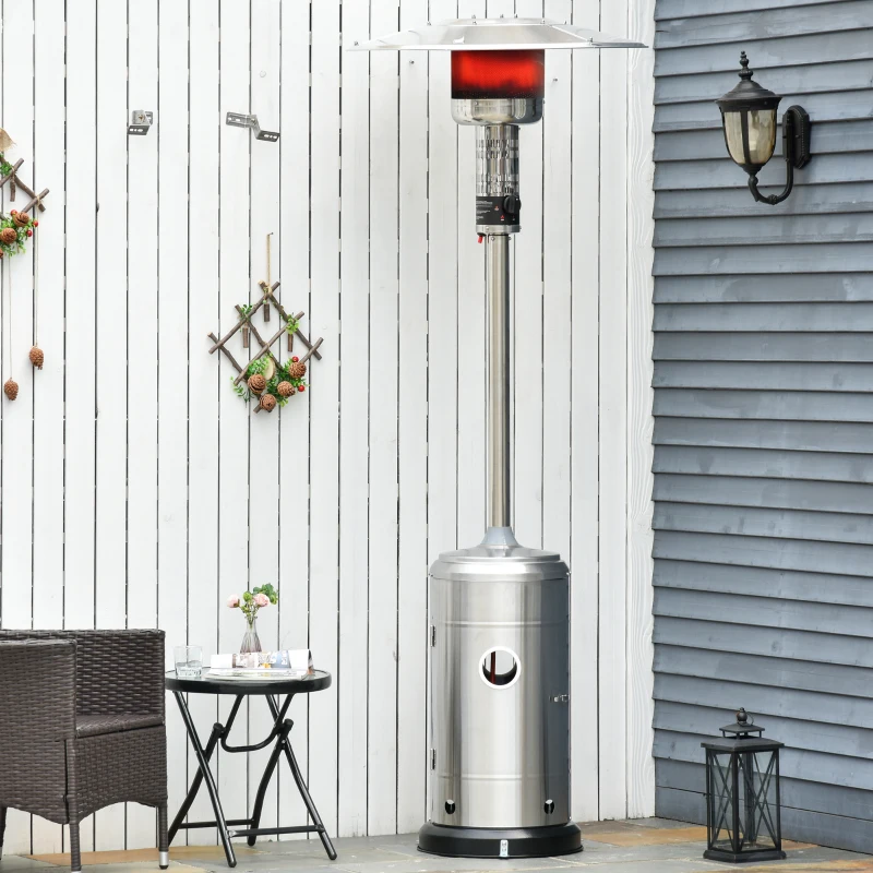 Outsunny warmtestraler terrasverwarmer met kantelbeveiliging automatische veiligheidsuitschakeling terrasverwarmer met wielen oprolbaar gas 13,5kW RVS zilver Ø81,5 x 225 cm