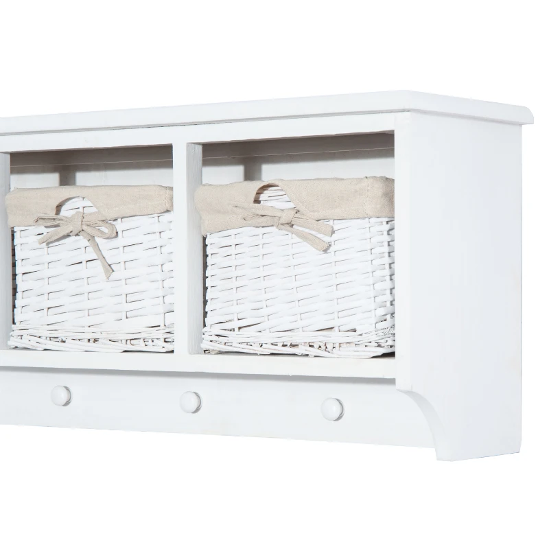 HOMCOM Wall Mounted Coat Hook Storage Unit W/3 Baskets-White