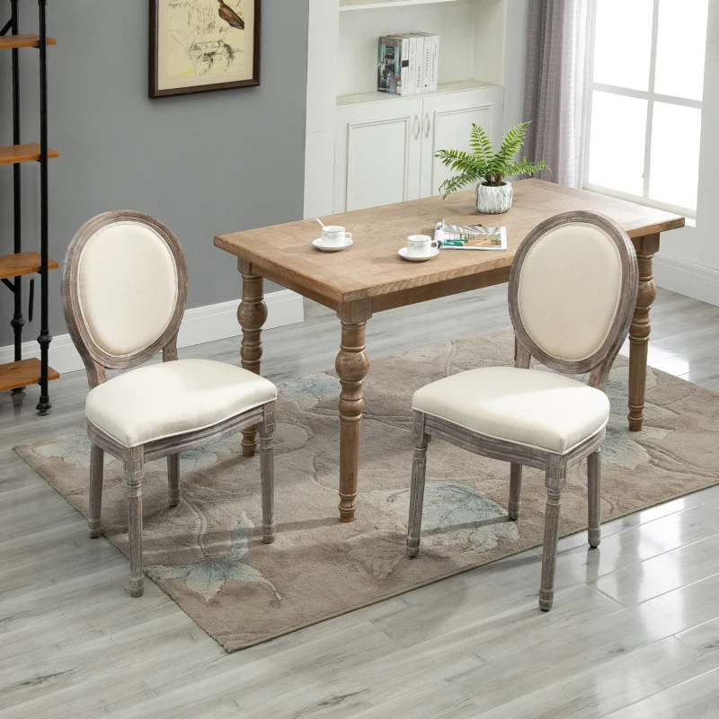 HOMCOM Rubber Wood Twin-Pair Linen Upholstered French Aesthetic Dining Chairs