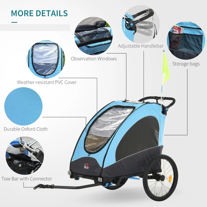 HOMCOM Bike Trailer Stroller Oxford Cloth 3 in 1 Child Bike Trailer Blue