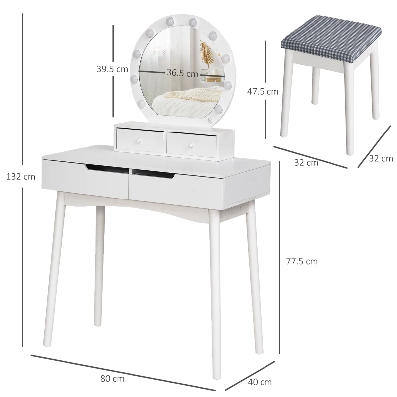 HOMCOM MDF 10-LED Light Dressing Table w/ Stool White