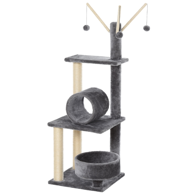 PawHut Cats Sisal Rope 3-Tier Scratching Tree w/ Dangle Toys Dark Grey