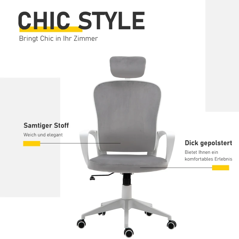 Vinsetto bureaustoel met kantelfunctie ergonomische draaistoel met armleuningen, hoofdsteun in hoogte verstelbaar, fluweelzacht polyester lichtgrijs 63 x 64 x 118-128 cm