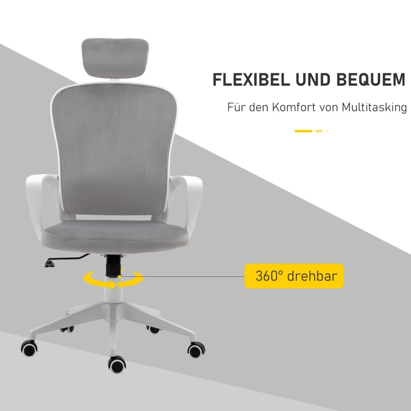 Vinsetto bureaustoel met kantelfunctie ergonomische draaistoel met armleuningen, hoofdsteun in hoogte verstelbaar, fluweelzacht polyester lichtgrijs 63 x 64 x 118-128 cm
