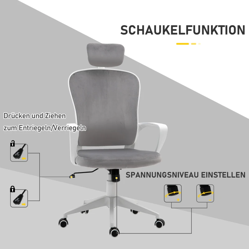 Vinsetto bureaustoel met kantelfunctie ergonomische draaistoel met armleuningen, hoofdsteun in hoogte verstelbaar, fluweelzacht polyester lichtgrijs 63 x 64 x 118-128 cm