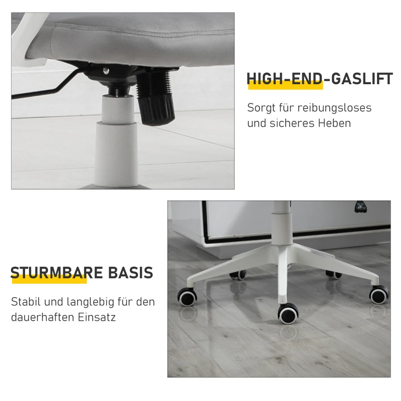 Vinsetto bureaustoel met kantelfunctie ergonomische draaistoel met armleuningen, hoofdsteun in hoogte verstelbaar, fluweelzacht polyester lichtgrijs 63 x 64 x 118-128 cm