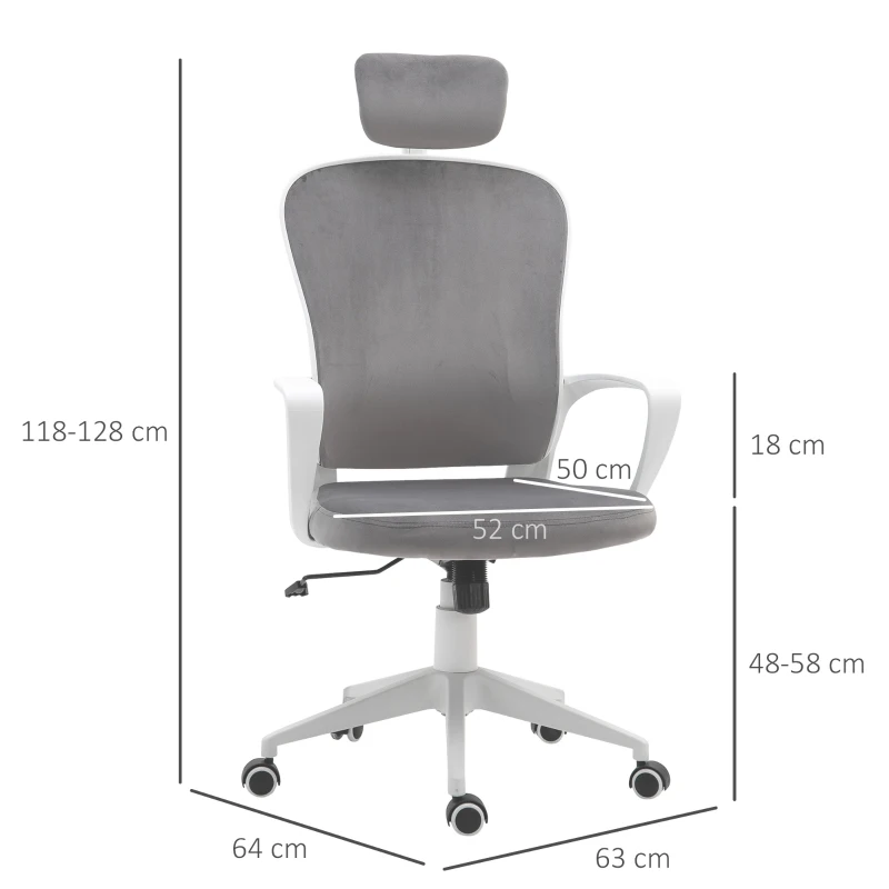 Vinsetto bureaustoel met kantelfunctie ergonomische draaistoel met armleuningen, hoofdsteun in hoogte verstelbaar, fluweelzacht polyester lichtgrijs 63 x 64 x 118-128 cm