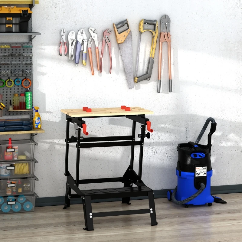 HOMCOM werktafel klemtafel werkbank in- en opklapbaar tafelblad 100 kg draagvermogen werktafel werkblad in hoogte verstelbare tafel metaal bamboe naturel hout + zwart + rood 68 x 60 x 21-78 cm