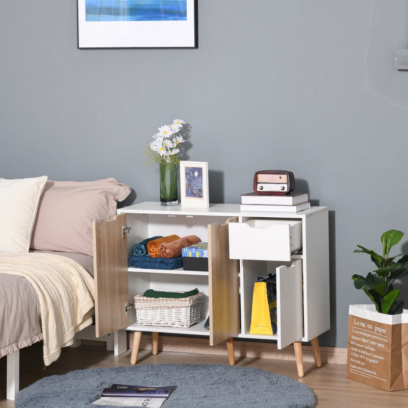 HOMCOM dressoir met kast en lades commode nachtkastje bijzetkast in Scandinavisch design veel opbergruimte MDF spaanplaat wit + naturel 90 x 30 x 72 cm