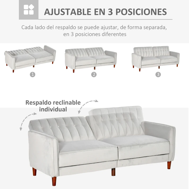 HOMCOM Sofá de 2 Plazas Convertible en Cama Tapizado Aterciopelado con Respaldo Ajustable y Patas de Madera para Salón Oficina 189x81x83,5 cm Gris Claro