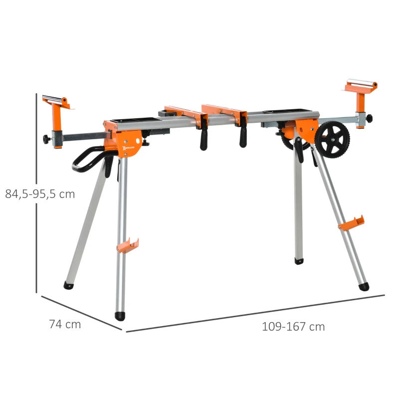 DURHAND Soporte para Sierra Ingletadora Plegable y Extensible con Rodillos Regulables en Altura y Longitud con Ruedas y Asa 167x74x95,5 cm Naranja