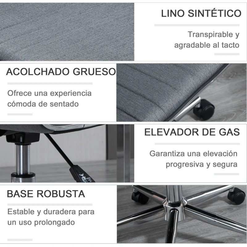 Vinsetto Silla de Oficina Ergonómica Silla Escritorio Giratoria con Altura Ajustable Respaldo Tapizado en Lino Transpirable Carga 120 kg 47x57x76,5-86,5 cm Gris