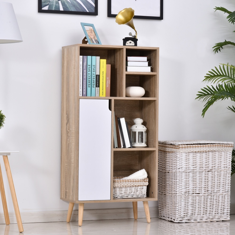 HOMCOM Mueble Aparador Alto Armario Auxiliar de Salón con 5 Compartimentos y 1 Puerta Multiusos para Comedor Cocina Dormitorio 60x30x121 cm Roble y Blanco