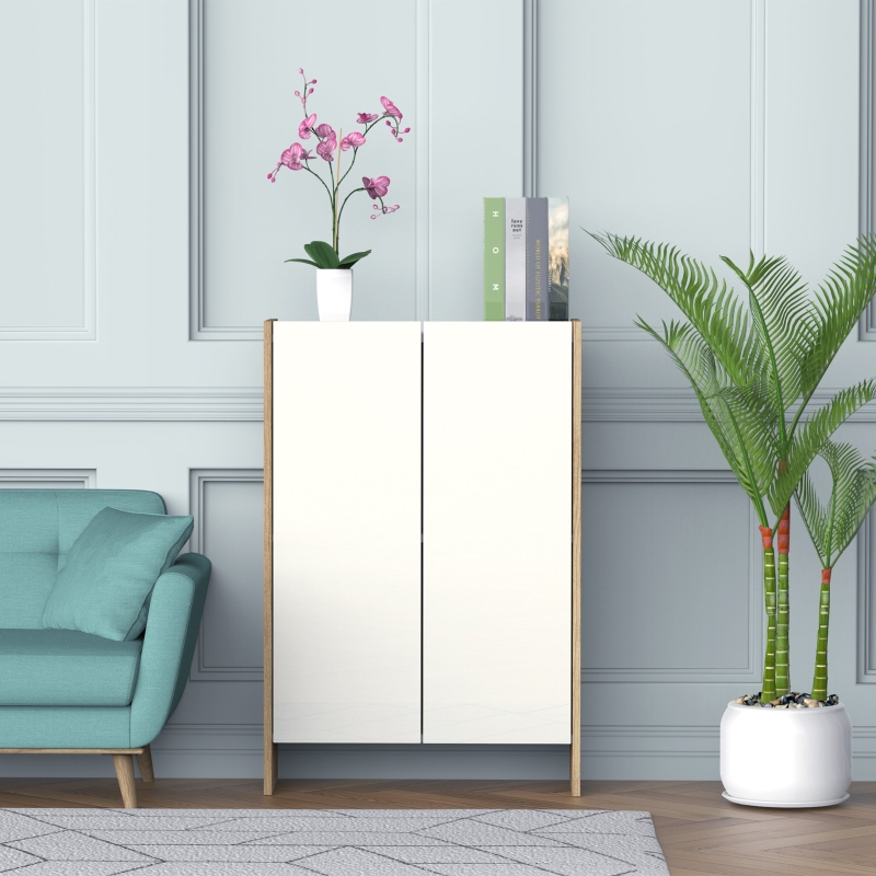 HOMCOM Armario de Almacenaje de 2 Puertas Mueble Auxiliar de Baño Multiusos con 2 Estantes para Cocina Salón Dormitorio 60x25x90 cm Acabado en Blanco Brillo