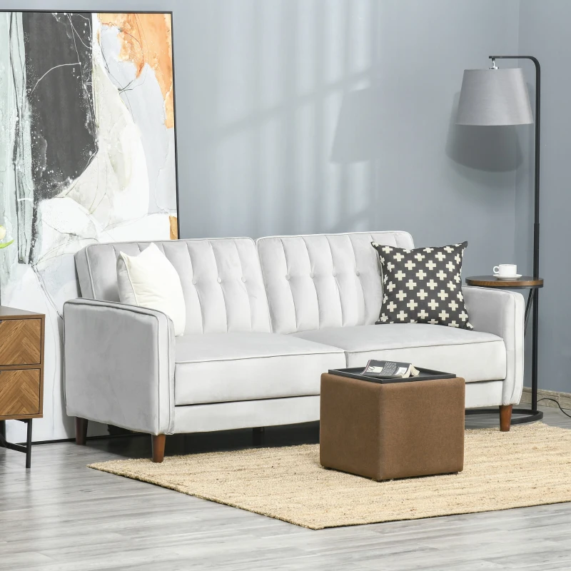 HOMCOM Sofá de 2 Plazas Convertible en Cama Tapizado Aterciopelado con Respaldo Ajustable y Patas de Madera para Salón Oficina 189x81x83,5 cm Gris Claro