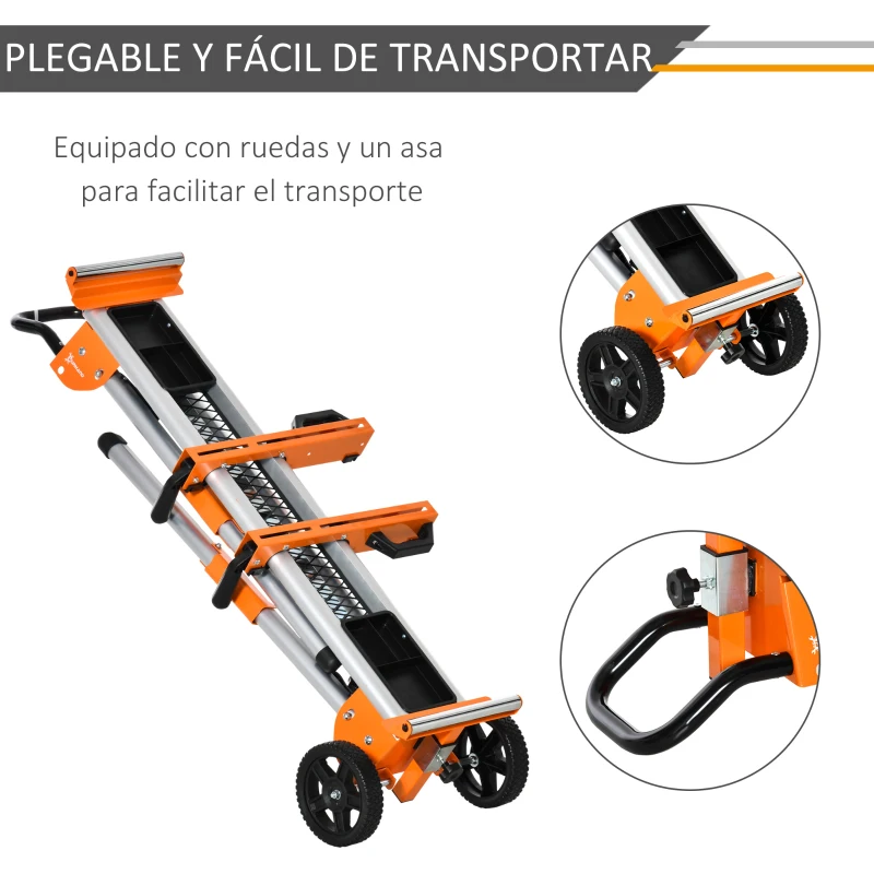 DURHAND Soporte para Sierra Ingletadora Plegable y Extensible con Rodillos Regulables en Altura y Longitud con Ruedas y Asa 167x74x95,5 cm Naranja