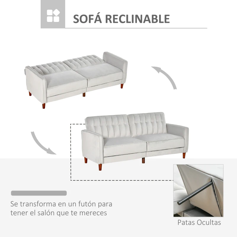 HOMCOM Sofá de 2 Plazas Convertible en Cama Tapizado Aterciopelado con Respaldo Ajustable y Patas de Madera para Salón Oficina 189x81x83,5 cm Gris Claro