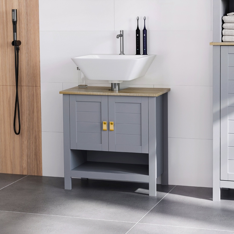 kleankin Armario para Debajo de Lavabo Compacto con 2 Puertas y Estante Interior Ajustable Mueble Auxiliar de Almacenamiento para Baño 60x30x60 cm Gris
