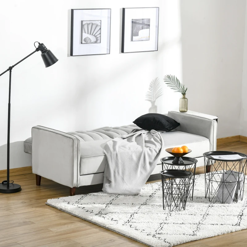 HOMCOM Sofá de 2 Plazas Convertible en Cama Tapizado Aterciopelado con Respaldo Ajustable y Patas de Madera para Salón Oficina 189x81x83,5 cm Gris Claro