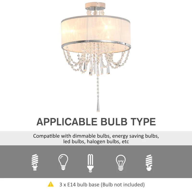 HOMCOM Metal Ceiling Light with Crystal Pendant Fabric Shade for Home Office White