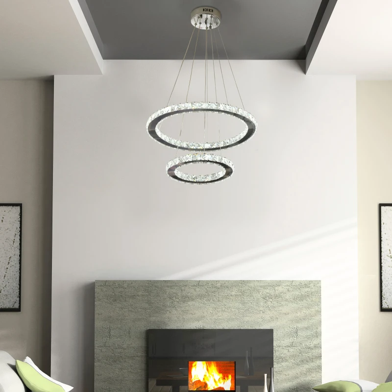 HOMCOM LED Chandelier 2 Crystal Rings Cool Warm White Lighting Home Style Silver