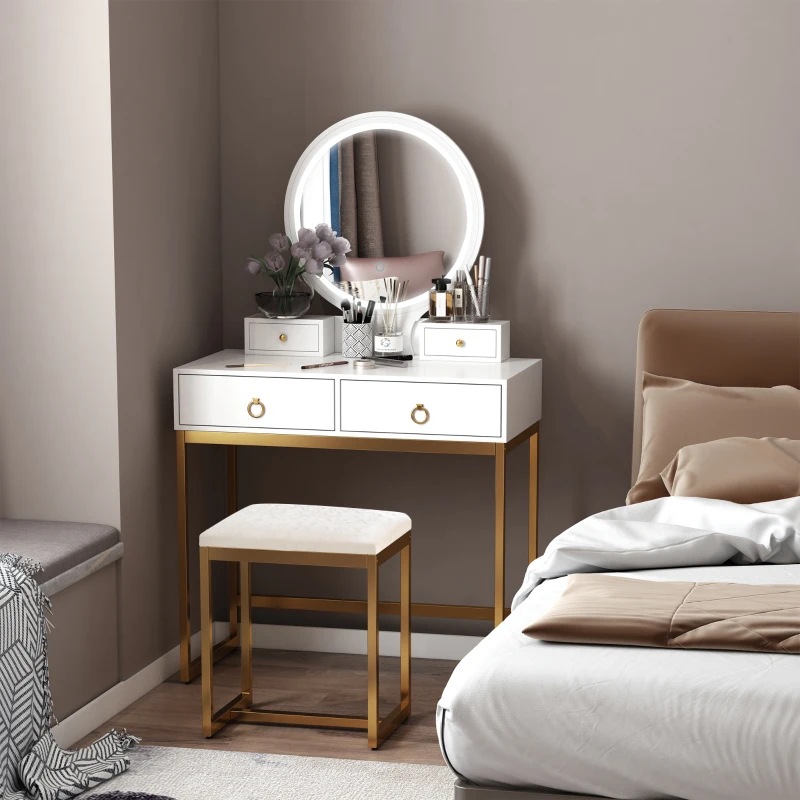 HOMCOM Vanity Table Set Dressing Table with LED Light, 4 Drawers Cushioned Stool