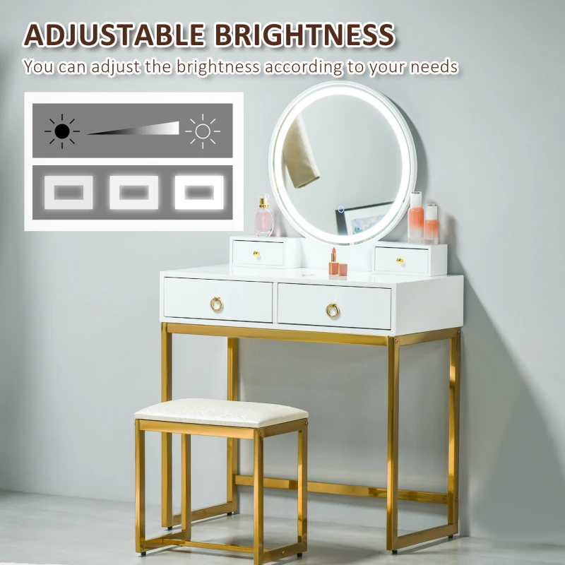 HOMCOM Vanity Table Set Dressing Table with LED Light, 4 Drawers Cushioned Stool