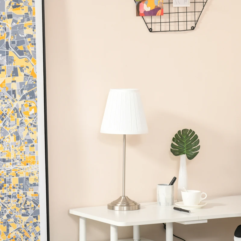 HOMCOM Modern Table Lamp with Pleated Fabric Lampshade, Home Lighting with Metal Base for Living Room, Bedroom, Office, White & Silver