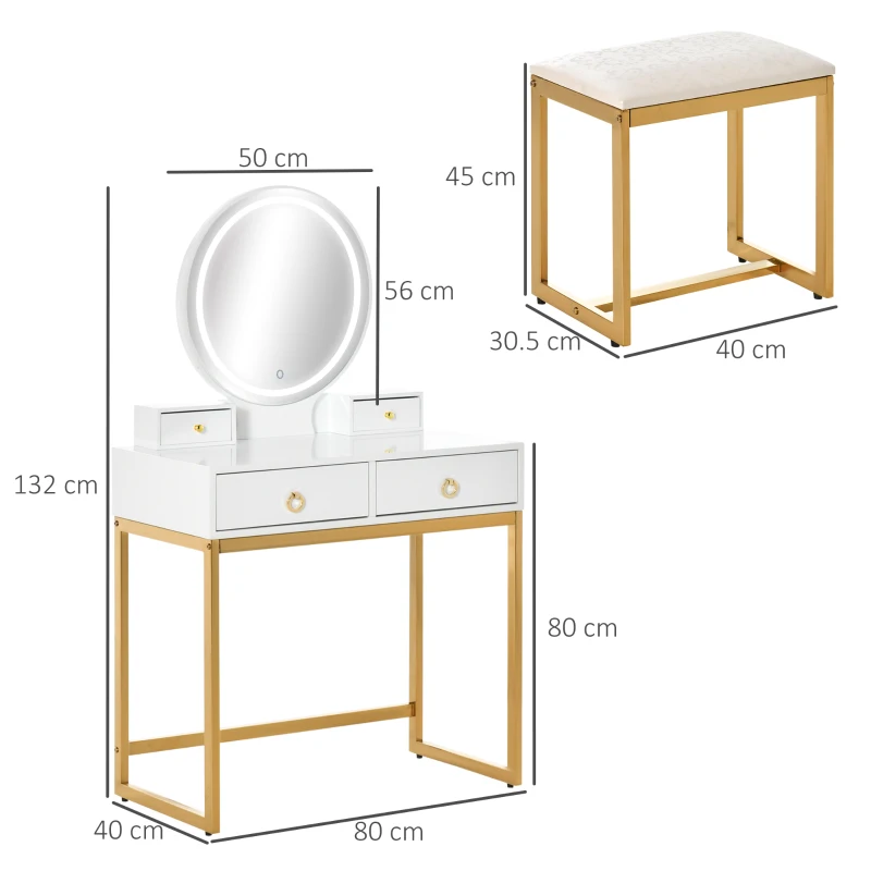 HOMCOM Vanity Table Set Dressing Table with LED Light, 4 Drawers Cushioned Stool