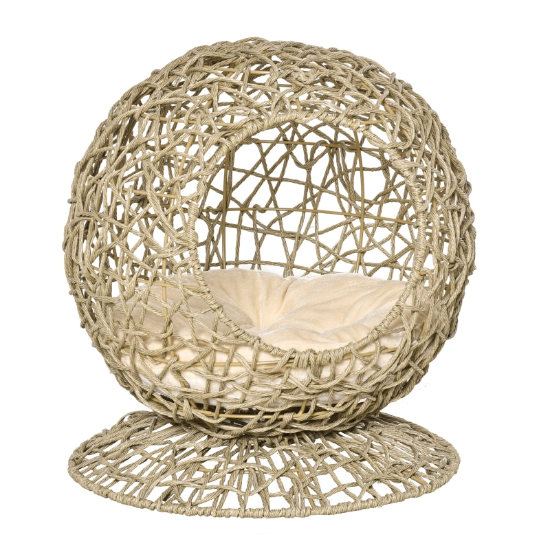 PawHut Wicker Cat Bed Elevated Rattan Kitten Basket Pet Den. House with Soft Cushion