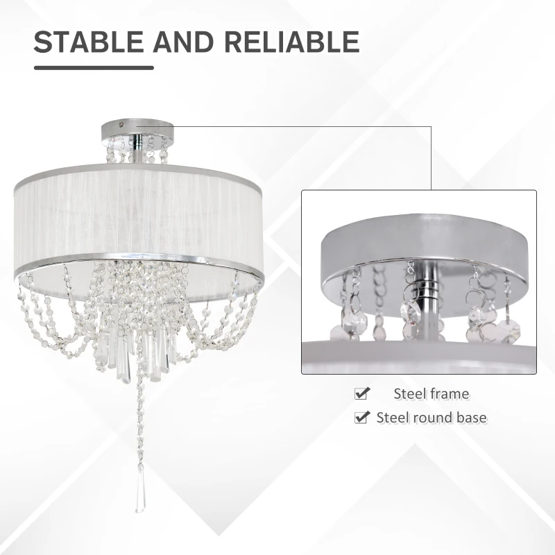 HOMCOM Metal Ceiling Light with Crystal Pendant Fabric Shade for Home Office White