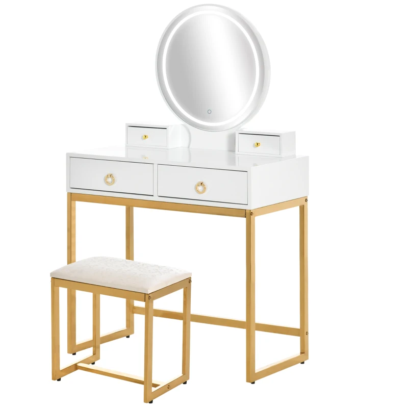 HOMCOM Vanity Table Set Dressing Table with LED Light, 4 Drawers Cushioned Stool