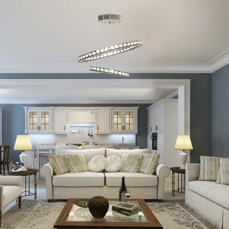 HOMCOM LED Chandelier 2 Crystal Rings Cool Warm White Lighting Home Style Silver