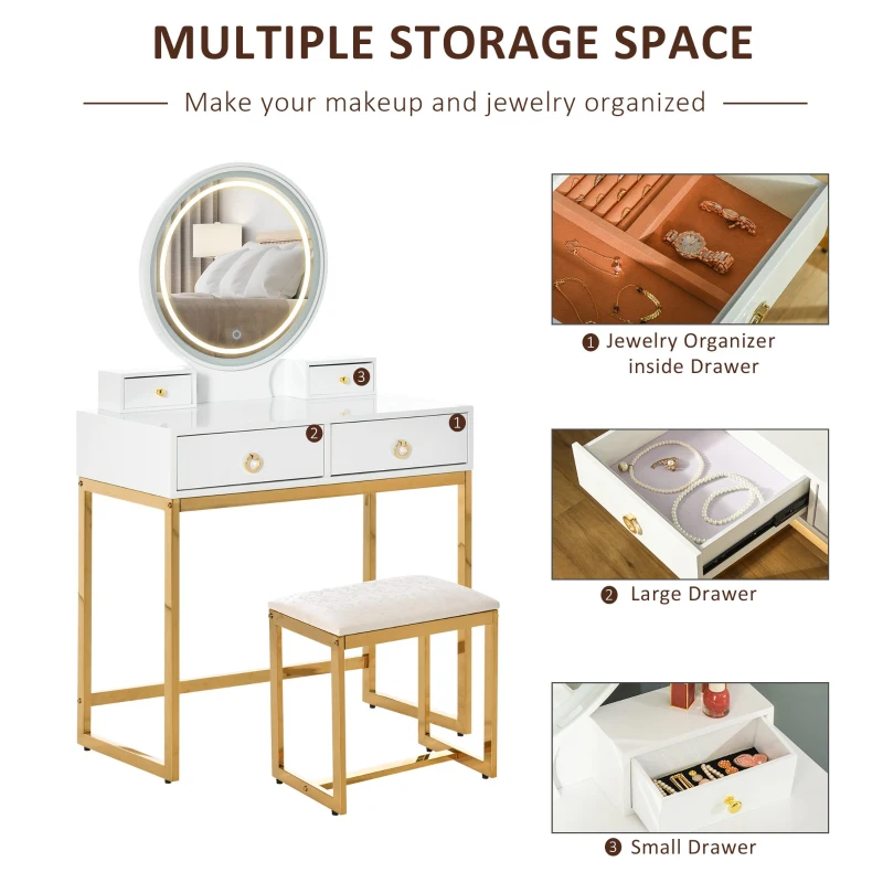 HOMCOM Vanity Table Set Dressing Table with LED Light, 4 Drawers Cushioned Stool