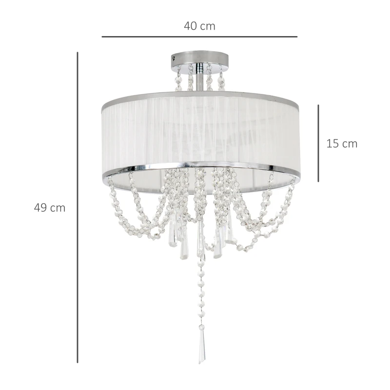 HOMCOM Metal Ceiling Light with Crystal Pendant Fabric Shade for Home Office White