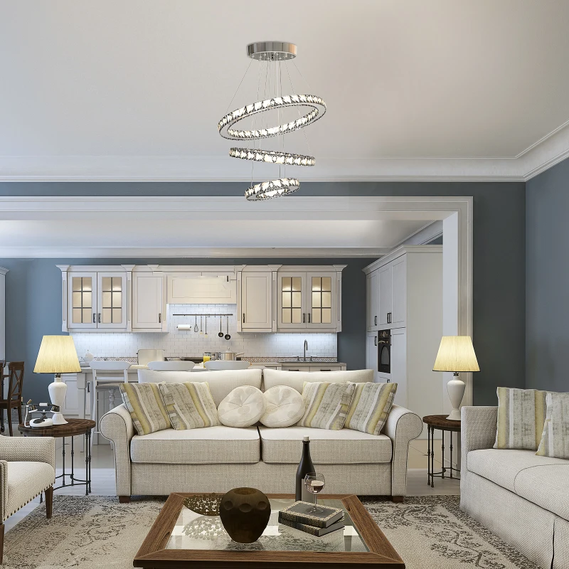 HOMCOM LED Chandelier 3 Crystal Rings Cool Warm White Lighting Home Style Silver