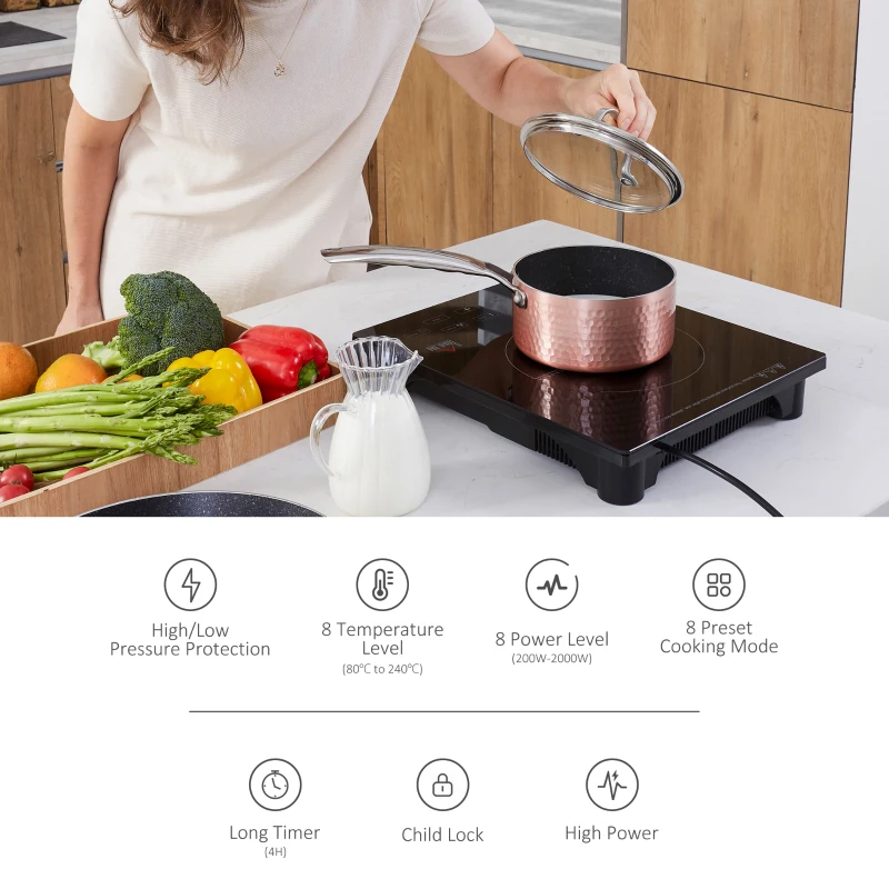 HOMCOM Induction Hob Induction Cooker 2000W w/ 4H Timer Safety Lock Sensor Touch