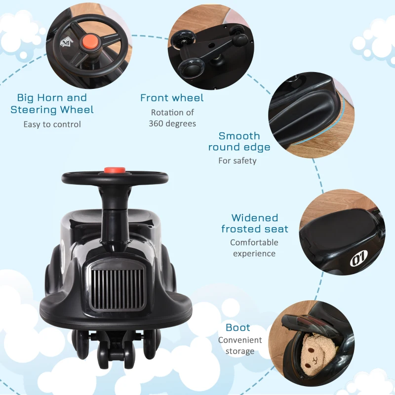 HOMCOM Wiggle Car Ride On Toy w/LED Flashing Wheels for 2-6 Years Old Black