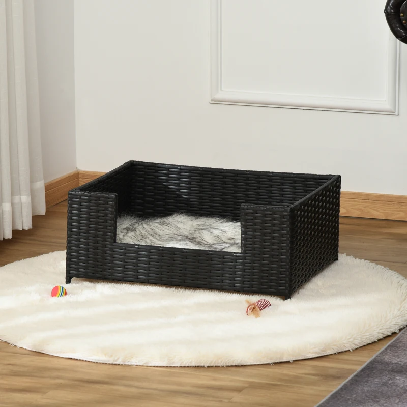 PawHut Rattan Dog Cat Pet Bed with Soft Cushion Indoor Use 61L x 46W x 27H cm