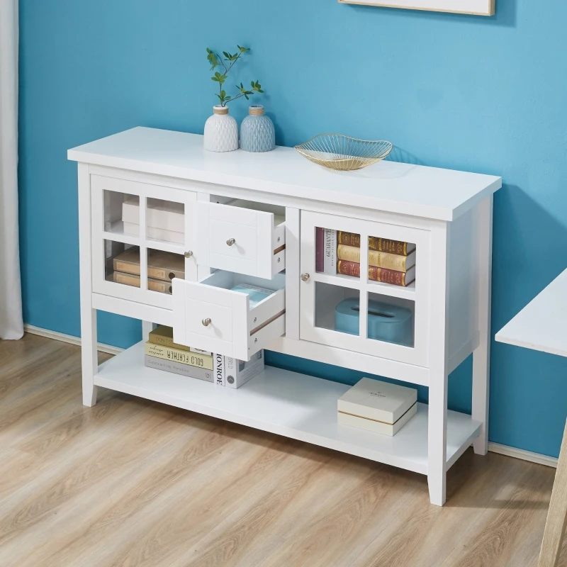 HOMCOM keukenkast dressoir opbergkast elegant met twee glazen deuren open rek twee schuifladen anti-kantel-design voor eetkamer woonkamer MDF grenen hout wit 132 x 38 x 89 cm