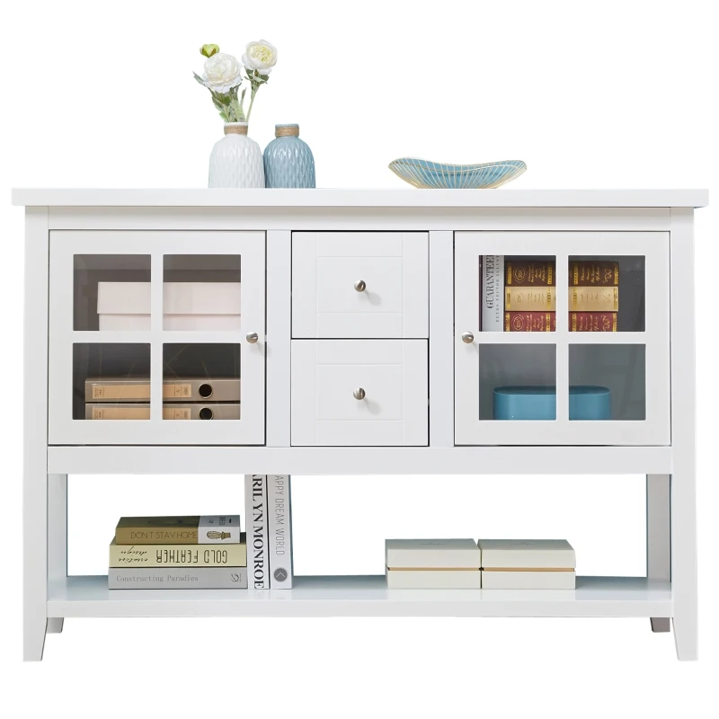 HOMCOM keukenkast dressoir opbergkast elegant met twee glazen deuren open rek twee schuifladen anti-kantel-design voor eetkamer woonkamer MDF grenen hout wit 132 x 38 x 89 cm